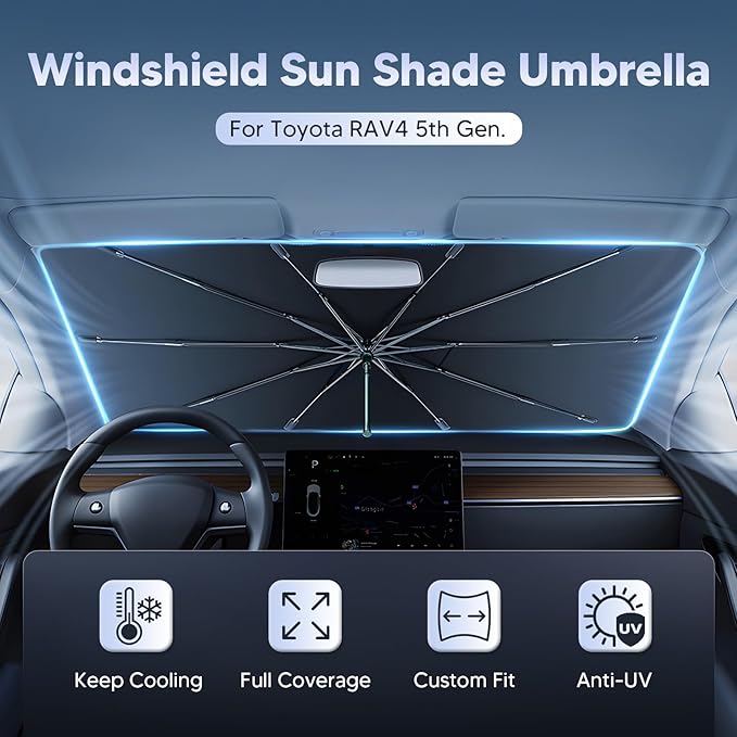 Autorder Windshield Sun Shade Umbrella for 2019-2025 2026 Toyota RAV4 Accessories,Upgraded Ice Crystal Material,Easy Setup Umbrella Sunshade for Car Windshield,100% Sun Blocking