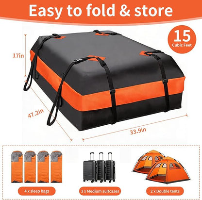 15 CuFt Car Rooftop Cargo Carrier Bag, 100% Waterproof Heavy Duty Car Roof Top Carrier for All Vehicles with/Without Racks, Includes Anti-Slip Mat, 8 Reinforced Straps, Lock & 6 Door Hooks
