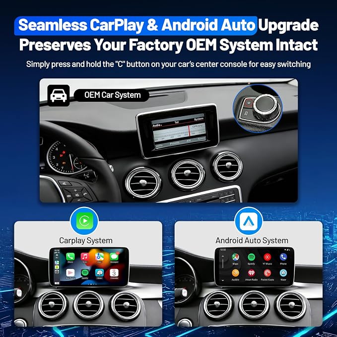 Wireless Carplay Retrofit Kit Decoder Module for Mercedes Benz NTG4.5/4.7 B/C/E/GLK/ML/CLA/GLA/CLS/SLK 2012-2015,AUX Required, Support Wireless Android Auto, Reverse Camera, Original Car OEM Control