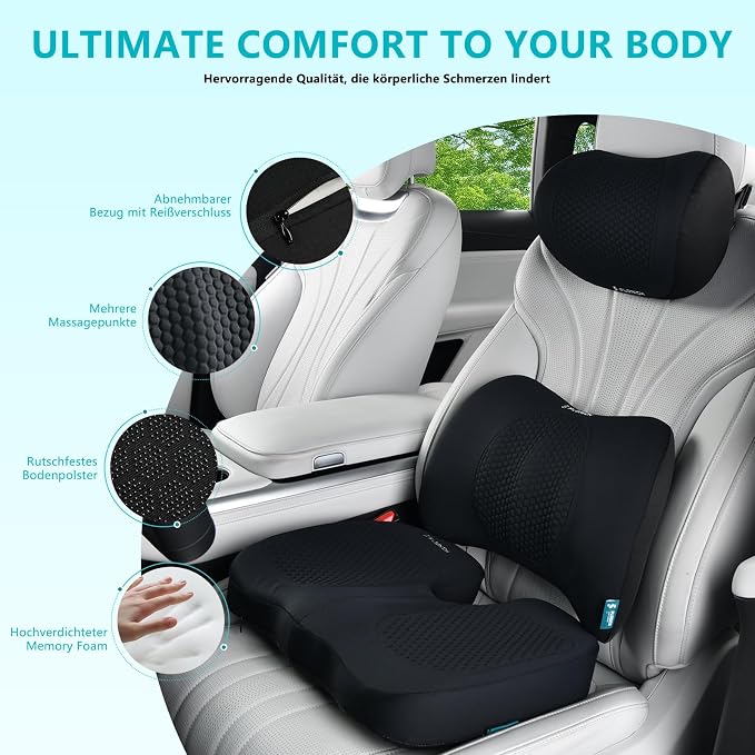 FLORICH 3 PCS Seat Cushion for Carseat Lumbar Support Pillow Car Neck Headrest Pillows Memory Foam Gel Memory Foam Massage Point Seat Pads Pressure Relief Back Cushion for Office Chair(Black)
