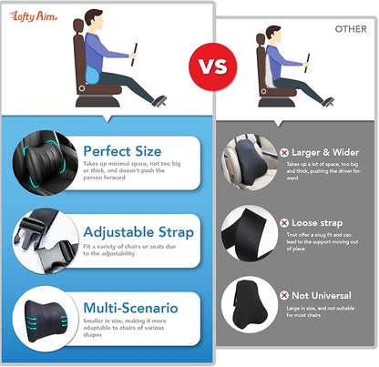 Lofty Aim Lumbar Support Pillow for Car, Memory Foam Lumbar Pillow for Lower Back Pain Relief - Back Cushion for Driving, Chair Support for Car-Office Chair, Wheelchair - Classic Black