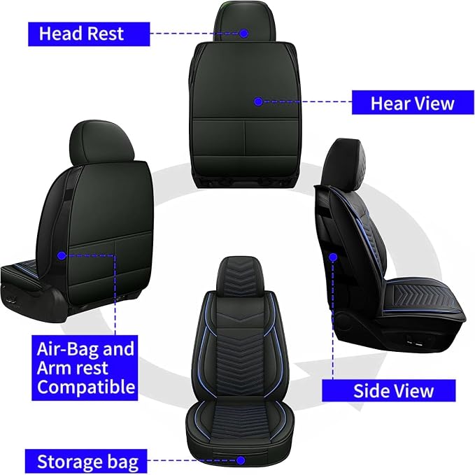 HChengkikz Car Seat Covers, Breathable and Waterproof Leather Seat Covers for Cars, Universal Anti-Slip Driver Seat Cover for Most SUV Pick-up Truck Sedan (2 PCS Front Seat, Black + Blue)