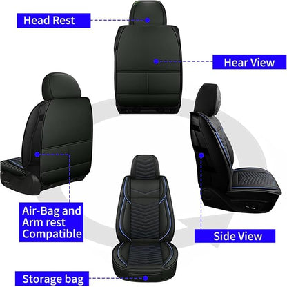 HChengkikz Car Seat Covers, Breathable and Waterproof Leather Seat Covers for Cars, Universal Anti-Slip Driver Seat Cover for Most SUV Pick-up Truck Sedan (2 PCS Front Seat, Black + Blue)