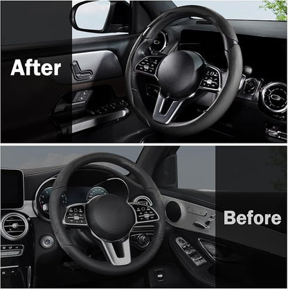 Car Steering Wheel Cover Leather Snap On 3Pcs Set Non-Slip Protector Wrap Steering Wheel Accessories 14.5-15 inch Universal Black