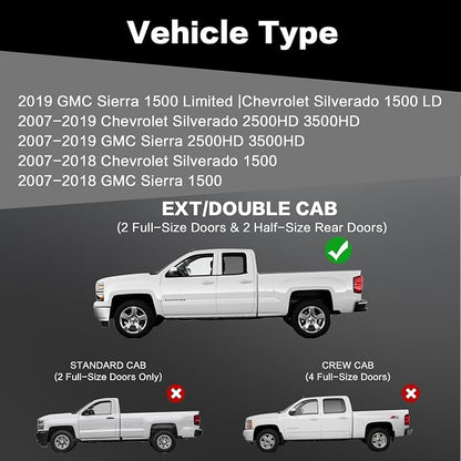 Running Boards 6 Inches Compatible with Extended/Double Cab 2007-2018 Chevy Silverado GMC Sierra 1500 | 2007-2019 2500HD 3500HD Black Two-Stair Design Side Steps Steel Rails Nerf Bars