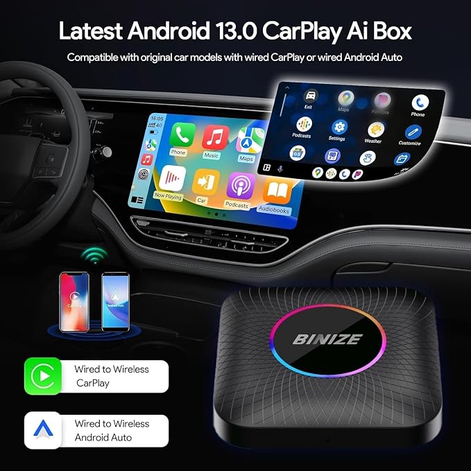 BINIZE Android 13 AI Box for Car: Wireless CarPlay & AndroidAuto Converter (8GB+128GB) | Plug & Play Upgrade for OEM Wired CarPlay/AndroidAuto Vehicles