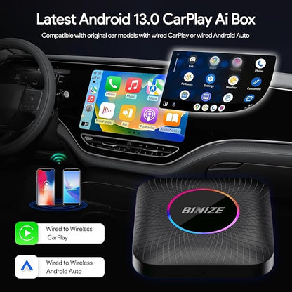 BINIZE Android 13 AI Box for Car: Wireless CarPlay & AndroidAuto Converter (8GB+128GB) | Plug & Play Upgrade for OEM Wired CarPlay/AndroidAuto Vehicles