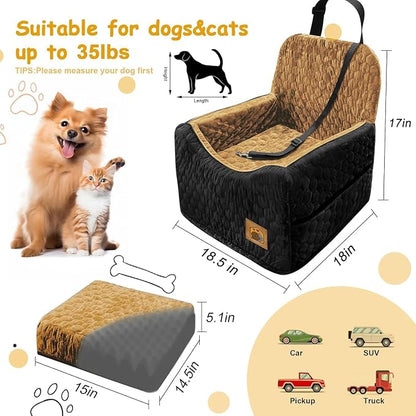 Dog Car Seat for Small/Medium Dogs, Memory Foam Dog Booster Seat, Travel Safety Per Car Seat with Washable Removable Cover, Storage Pockets for Dogs up to 35 lbs(BlackBrown)