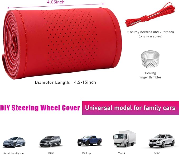 Ziciner Genuine Leather Steering Wheel Cover, Stitch on Wrap, Breathable Anti-Slip Car Steering Wheel Protector for Max Diameter 15 Inch, DIY Sewing with Needles Thread (Red, Middle Hole)