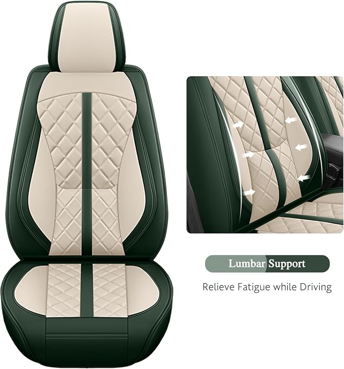 otoez Green Car Seat Covers Full Set, Universal Nappa Leather Seat Cover 5 Seat Waterproof & Breathable Automotive Seat Protector Full Coverage for Cars Sedens, Trucks, SUVs, Vans (White & Green)