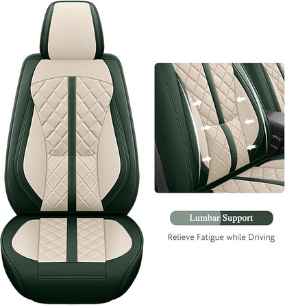 otoez Green Car Seat Covers Full Set, Universal Nappa Leather Seat Cover 5 Seat Waterproof & Breathable Automotive Seat Protector Full Coverage for Cars Sedens, Trucks, SUVs, Vans (White & Green)