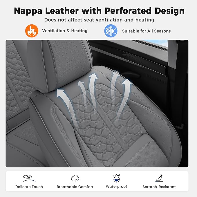 Huidasource Front Car Seat Covers, Nappa Leather Grey Car Seat Cushion Covers, Waterproof Full-Coverage Front Seat Cover with Lumbar Support Fit for Most Cars SUV Trucks, Gray