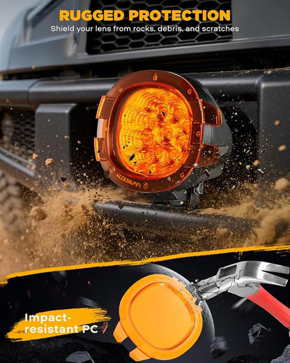 Auxbeam P4 Series 4 Inch Deep Amber Light Covers 2300K Dark Amber Tint Round Off-Road Light Lens Cap LED Pods Covers Reduce Glare for Fog & Dust Low Visibility, 2 Packs