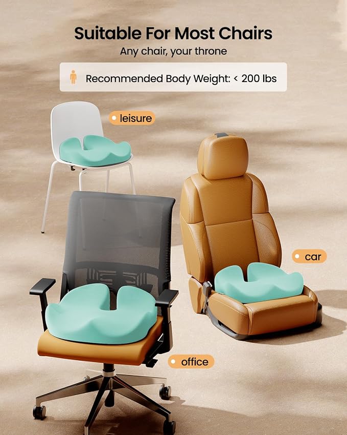 ProtoArc Seat Cushion, Office Chair Cushion for Sciatica, Coccyx Cushion, Ergonomic Memory Foam Seat Cushion for Car, Home, Pressure Relief Pad for Hip, Tailbone, All Day Comfort - Mint Green
