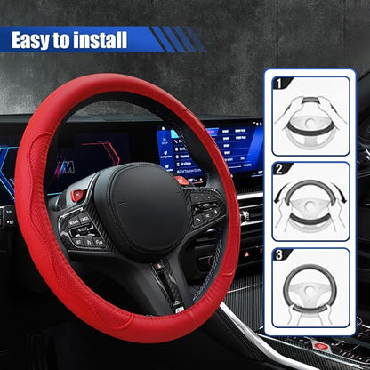 Car Steering Wheel Cover, 15 Inch Leather Anti-Slip Breathable Automotive Steering Wheel Protector, Universal Heat Resistant Vehicle Interior Accessories Cars, SUVs, Trucks(Red)