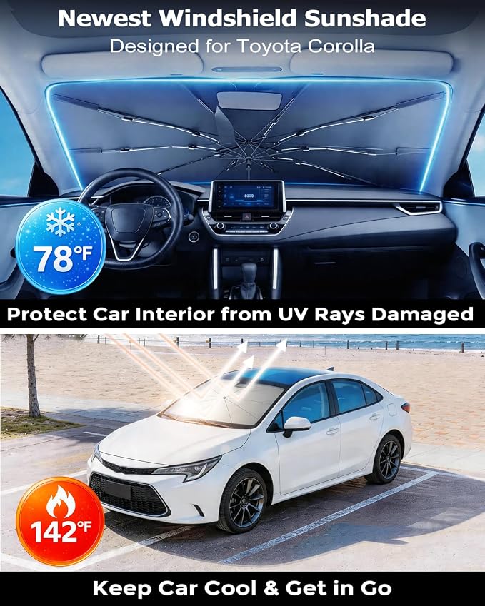 DMJN Umbrella Windshield Sun Shade for Toyota Corolla (2003-2026), Car Sunshade for Front Windshield [Nano Ice-Crystal Coatings] UPF50+ Heat & UV Block, Protect Interior & Keep Cooler