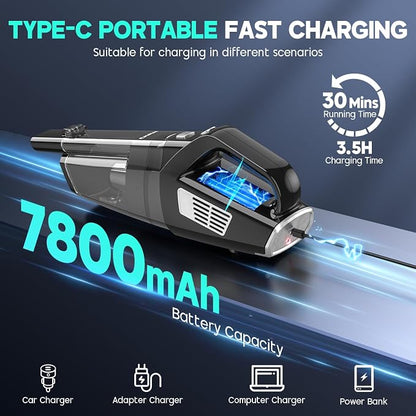 CKIKH Handheld Vacuum Cordless, 15000PA Strong Suction Hand Held Car Vacuum Cleaner Portable with Multi-Nozzles & Washable Filter, Lightweight Rechargeable Vacuum Cleaner for Home, Car, Office, Pets