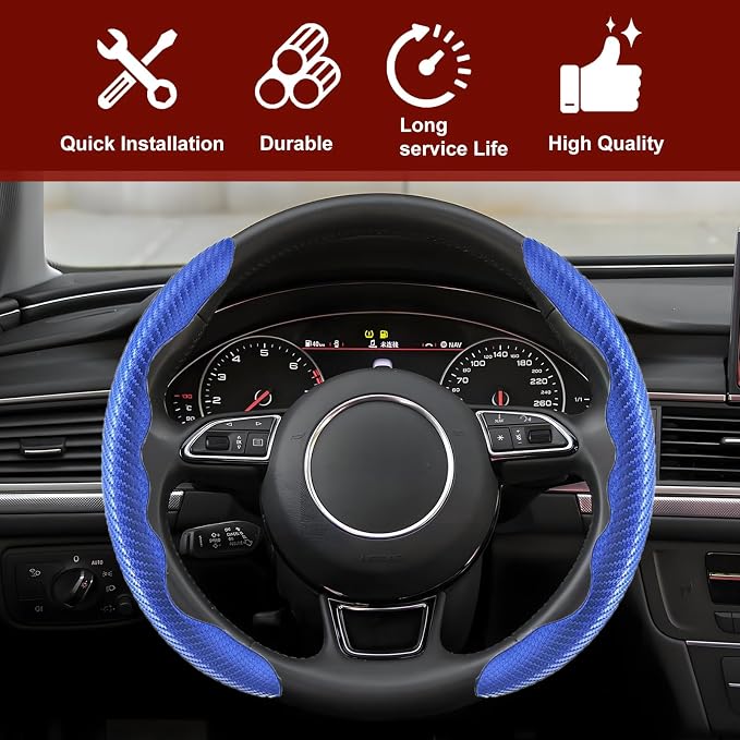 Universal Fit Carbon Fiber Steering Wheel Cover, Segmented Steering Wheel Protector, Carbon Fiber Anti-Skid Steering Wheel Cover Car Interior Accessories (2 Pcs Blue)