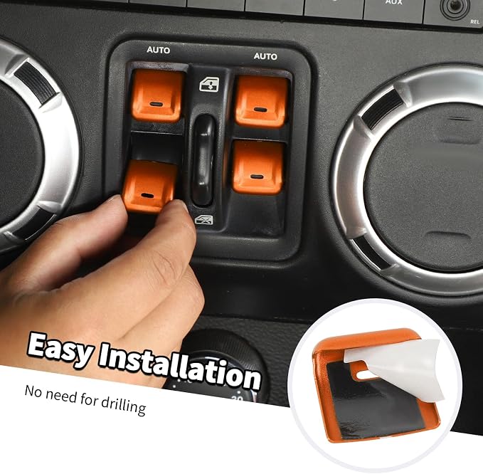 Jimen for JK Window Button Covers, 4PCS Center Console Window Switch Cover Interior Trim Kits Compatible with Jeep Wrangler JK & Unlimited 2012-2018, Aluminum Alloy (Orange)