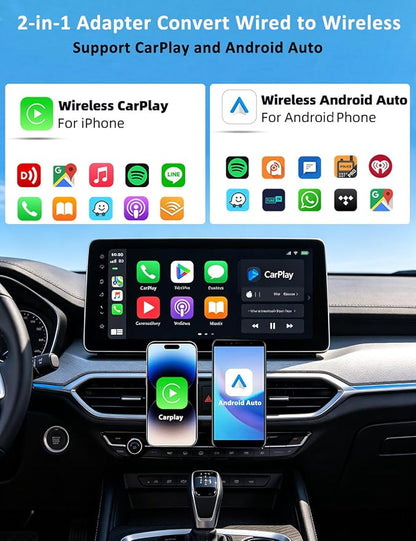 Wireless CarPlay Adapter for iPhone and Android Auto, 2-in-1 Convert Wired to Wireless Car Play Adapter, Plug and Play, No Latency, Fast and Stable Auto Connect, with USB/USB-C