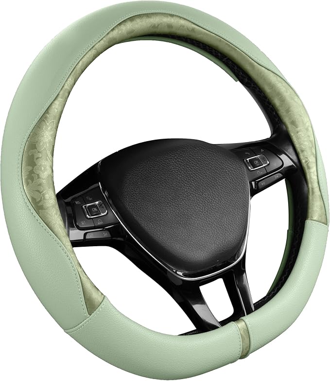 PIC AUTO Steering Wheel Cover, Green Patterned Leather Patchwork Design, Universal Fit 14.5"–15.5" D-Shape Steering Cover, Soft PU Grain Leather, Durable Grip Car Accessory for Girls & Women