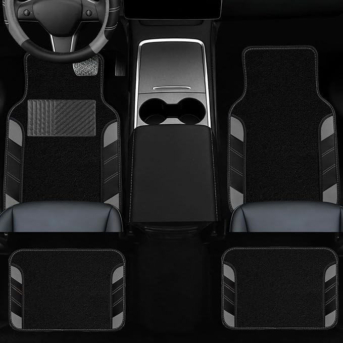 NBTEPEM 10 Pcs Car Floor Mats Full Set & Sport Leather Steering Wheel Cover 14.5-15 inch, Center Console Cover, Seat Belt Cushion, Cup Holder Coaster, Universal Automobile Interior Sets (Grey)