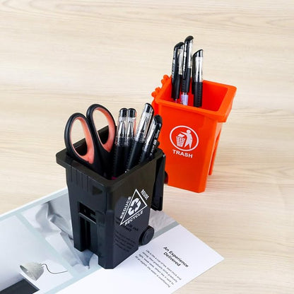 Wiosi Mini Garbage Trash Pen Holder for Desk and Tiny Recycle Bin Pencil Holder Black & Orange, Pack of 2 - Storage for Pencil & Pen | Office Stationery to Organize the Desk | Ideal for Student Work