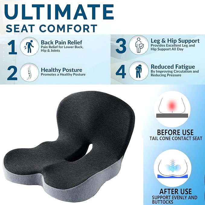 SAMLOO Seat Cushion Memory Foam Pads for Truck Driver Office Chair Cushion Home Chair Cushion Car Non Slip Pad Sitting Ergonomic Cushions for Office Workers Car Drivers (Dark Grey)