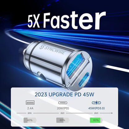 USB C Car Charger Syncwire 90W [PD 45W & QC 45W] USB Car Charger Adapter Fast Charging [Super Mini & All Metal] Compatible with iPhone 15/14 Pro Max Plus 13 12 Samsung S23/S22/21 Note 22, Pixel, iPad