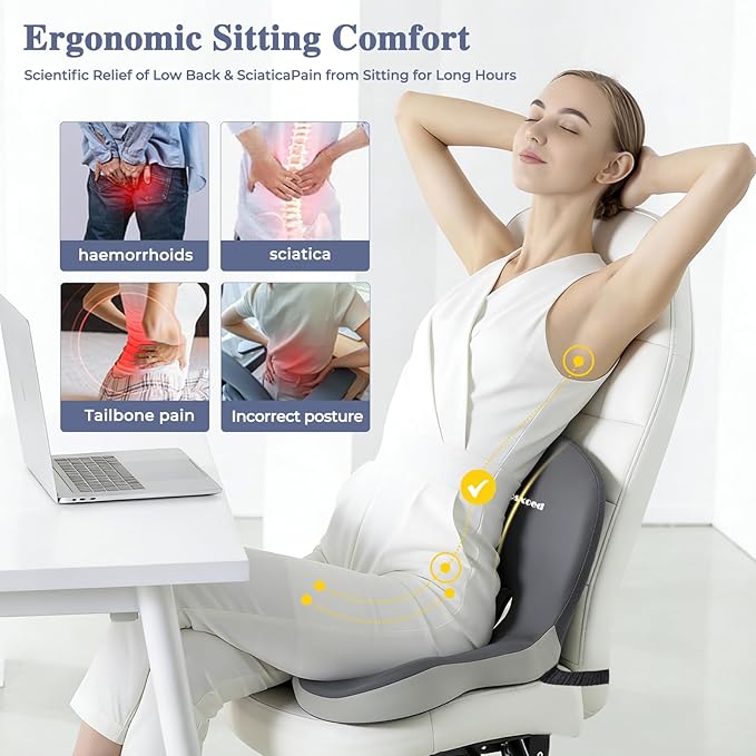 Memory Foam Seat Cushion for Sciatica & Back Pain Relief - Ergonomic Chair Pad with Adjustable Strap & Supportive Comfort Cover, Non-Slip for Car, Truck, Office Chair - Dark Gray&Light Gray