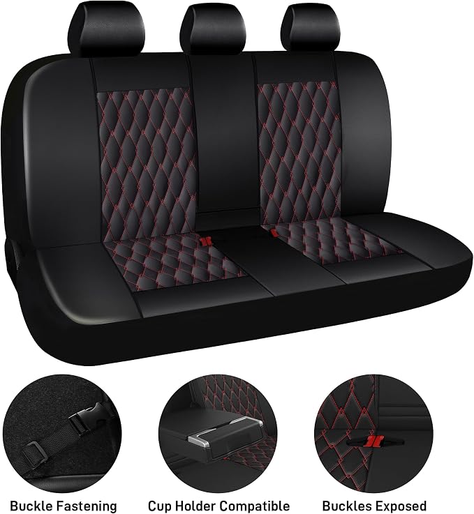 CAROMOP Faux Leather Car Seat Covers Full Set,Luxury and Comfortable Covers for Cars,Split Bench Compatible Car Interior Covers,Universal Fit for Suvs,Vans,Trucks,Airbag Compatible(5-Seat Black/Red)