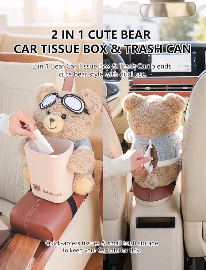 2 in 1 Cute Bear Car Tissue Box and Trash Can, Stylish & Creative Car Armrest Box Tissue Holder, Premium Aesthetic Decor, Ideal Interior Use (Bear)