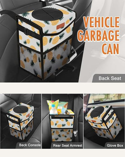 Pritent Car Trash Can with Lid, Cute Leakproof Car Trash Garbage Bag Hanging Vehicle Trash Bin Small Portable Automotive Garbage Cans Organizer for Back/Front Seat(Trapezoid,Pineapple Print