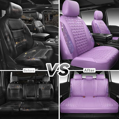 CAR PASS Light Purple Bling Diamond Leather Car Seat Covers Full Sets, Waterproof Shining Glitter Sparkly Crystal Universal Armrest Fit for Automotive Truck SUV Cute Women Girl,Lavender Rhinestone