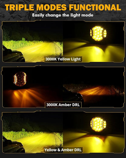 Auxbeam 7 Inch LED Side Shooter Light, V-Ultra Series Round Driving Offroad Lights 226W Hyper Spotlights with Amber DRL, 270° Wide Range Universal Amber Yellow Lights with Black Cover, Pair