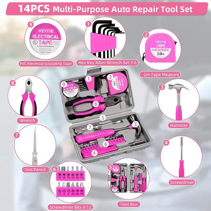 Roadside Car Emergency Kit for Vehicles, 12PCS Pink Car Safety Kit with Jumper Cables, Tool kit, Tow Strap, Road Trip Essentials, Survival Kit for Men, Women, New Driver Gifts