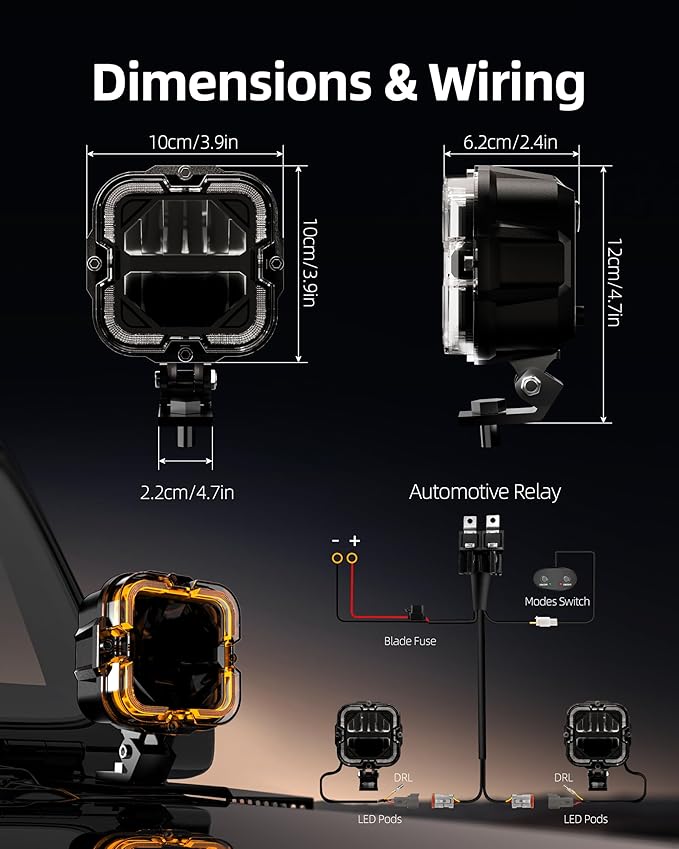 SPL 4" Off Road Lights with Amber Covers, 90W 12000LM LED Pod Lights with Amber DRL & Hi/Lo Beam, Auxiliary Driving Light Led Cube with DT Wiring Harness for Trucks Jeep Pickup SUV ATV UTV, 2PCS