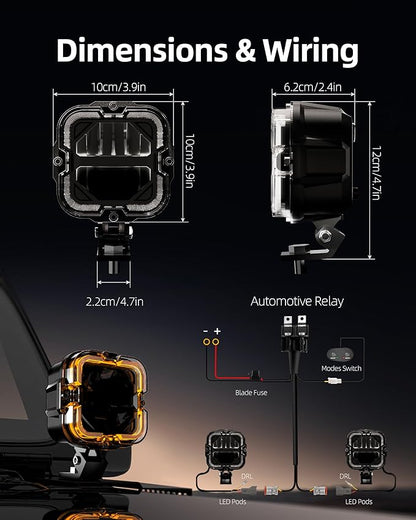 SPL 4" Off Road Lights with Amber Covers, 90W 12000LM LED Pod Lights with Amber DRL & Hi/Lo Beam, Auxiliary Driving Light Led Cube with DT Wiring Harness for Trucks Jeep Pickup SUV ATV UTV, 2PCS