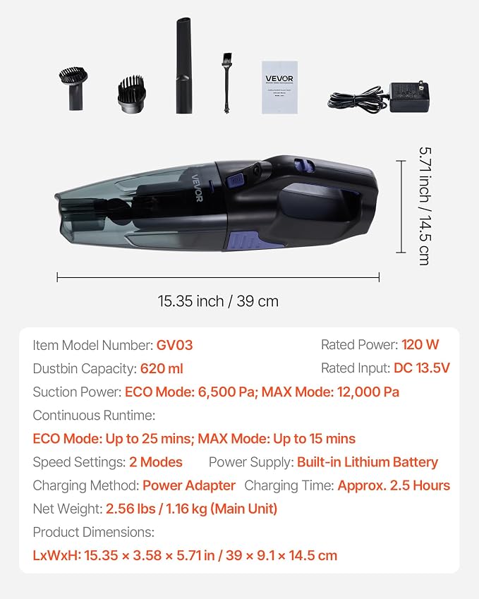 VEVOR Handheld Vacuum, Portable Vacuum Cleaner Cordless with HEPA Filter and Brushes, Lightweight Hand Held Cleaner with Powerful Suction, for Car, Home, Office, Pet Hair