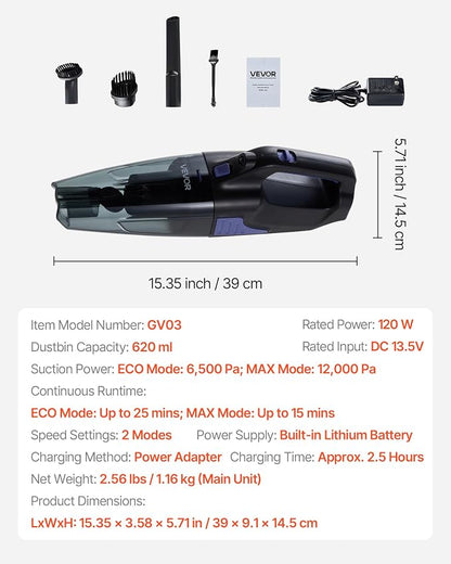 VEVOR Handheld Vacuum, Portable Vacuum Cleaner Cordless with HEPA Filter and Brushes, Lightweight Hand Held Cleaner with Powerful Suction, for Car, Home, Office, Pet Hair