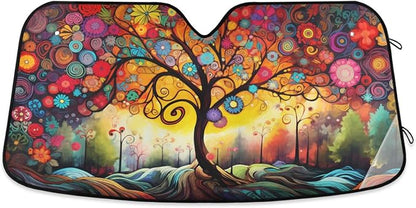 Windshield Sun Shade Abstract Flower Tree Front Window Block UV Shades Visor Reflective Retractable for Car SUV Trucks