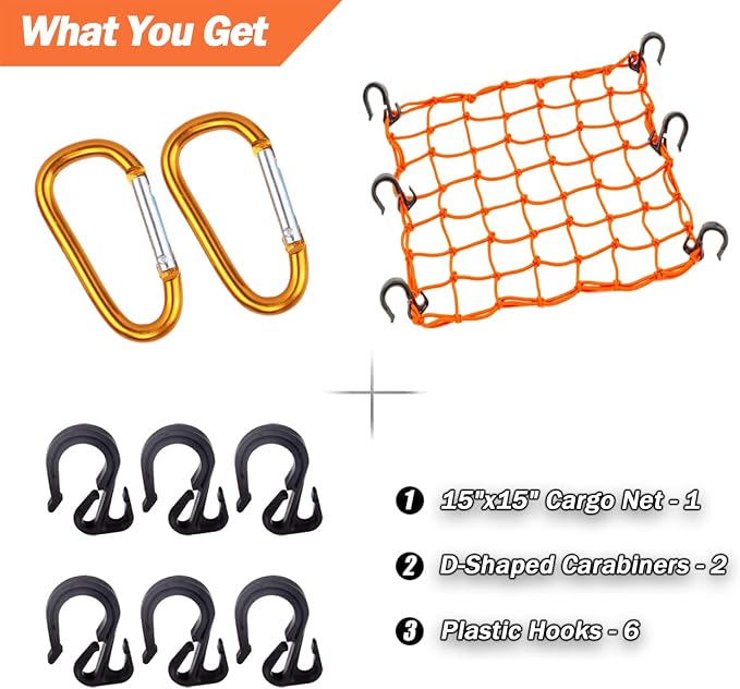 Cargo Net 15"x15" Stretches to 30"x30" with Thicken Hooks | Natural Latex Core, Tight 2”x2” Mesh Small Heavy Duty Bungee Net for Motorcycle Helmet, Bike, ATV, UTV, Luggage (Orange,1 Pack)