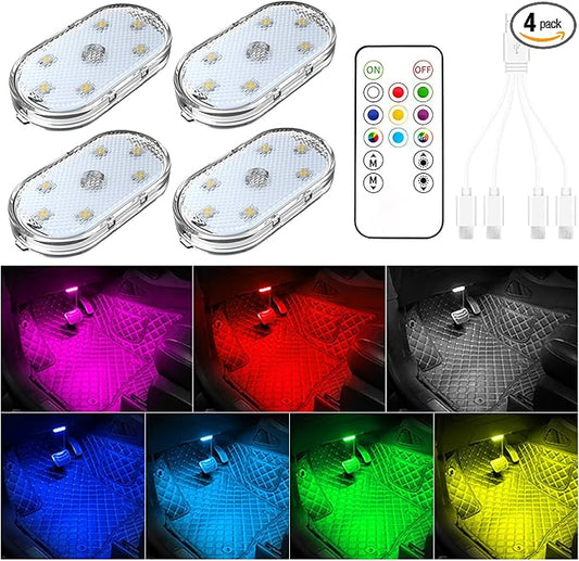 4 PCS Car Led Lights Interior,7 Colors Ambient Lighting Car Interior,USB Rechargeable Car Interior Reading Light,Portable Led Lights for Car