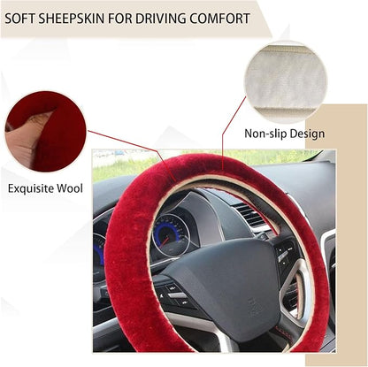 Ziciner Fuzzy Steering Wheel Cover, 15 inch Soft Wool Fur Steering Wheel Protector, Fluffy Wheel Covers for Winter Warm, Car Interior Decoration Accessories for Women Men (Wine Red)