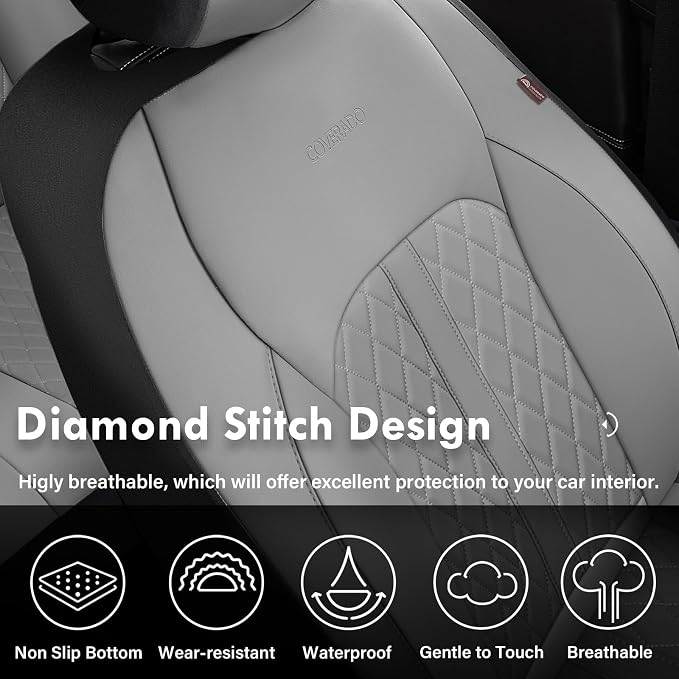 Coverado Universal Leather Seat Covers Full Set for 5 Seats – Waterproof, Durable All-Weather Protector for SUV, Pickup Truck, Sedan, Gray