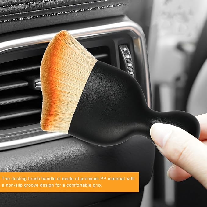 2 PCS Car Interior Detailing Brush, Curved Car Interior Cleaning Brush with Ultra Soft Bristles & Dust Cover, Scratch-Free Auto Dusting Brushes for Dashboard AC Vent Leather (Brown)
