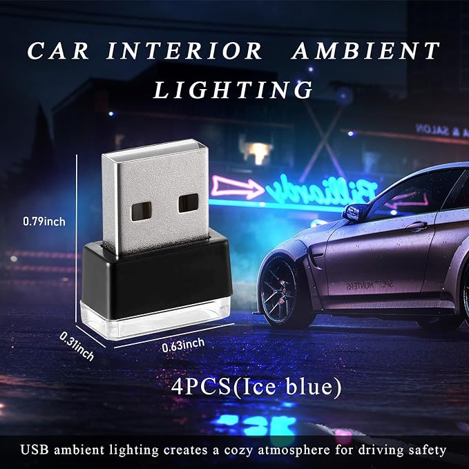 Yourkar 4 PCS USB LED Car Interior Atmosphere Lamp, Plug-in USB Interface Trunk Ambient Lighting Kit, Night Led Decoration Mini USB Light, Universal Interior Car Accessories (Ice Blue)