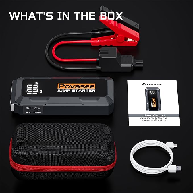 Povasee 4000A Jump Starter 12V Battery Jumper Starter(10L Gas 10L Diesel Engine),Car Battery Jump Starter with 3" LCD Display, Power Bank/Dual Output/LED Light