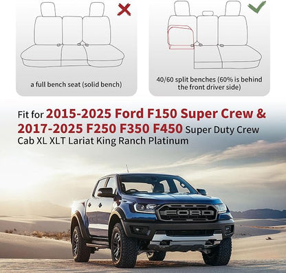 Huidasource Custom Fit Ford F150 Rear Bench Split Leather Seat Covers Fit for 2015-2025 F150 SuperCrew & 2017-2025 F250 F350 F450 Super Duty Crew Cab Pickup King Ranch Platinum(Back Row/Black&Blue)