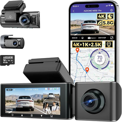 AZDOME 3 Channel Dash Cam Front and Rear Inside, 4K+1080P+2.5K ADAS Dash Cam, 3.19'' IPS Car Camera, 5.8G WiFi GPS Dash Cam for Cars, Voice Control, Night Vision, 24/7 Parking Mode, 64GB Card M550 Pro